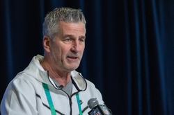 Mar 1, 2023; Indianapolis, IN, USA; Carolina Panthers coach Frank Reich speaks to the press at the NFL Combine at Lucas Oil Stadium. Mandatory Credit: Trevor Ruszkowski-USA TODAY Sports