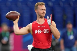 Mar 4, 2023; Indianapolis, IN, USA; Fresno State quarterback Jake Haener (QB05) participates in drills at Lucas Oil Stadium. Mandatory Credit: Kirby Lee-USA TODAY Sports