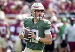 Apr 15, 2023; Tallahassee, FL, USA; Florida State Seminoles quarterback Tate Rodemaker (18) drops back to pass during the spring game at Doak Campbell Stadium. Mandatory Credit: Melina Myers-USA TODAY Sports
