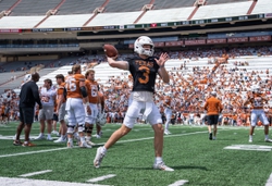 Texas quarterback Quinn Ewers (3) warms up ahead of the Longhorns Orange and White spring football game in Darrell K Royal-Texas Memorial Stadium, Saturday, April 15, 2023.  Ewers