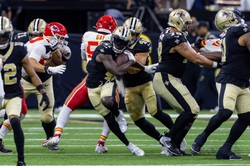 Aug 13, 2023; New Orleans, Louisiana, USA; New Orleans Saints running back Alvin Kamara (41) runs against the Kansas City Chiefs during the first half at the Caesars Superdome. Mandatory Credit: Stephen Lew-USA TODAY Sports