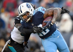 Running back Derrick Henry (22), in action against Jacksonville Jaguars in Nashville on Dec. 31, was the Tennessee Titans leading rusher for 2017 with 744 yards on 176 carries with 5 rushing touchdowns.