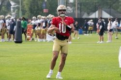 Sam Hartman QB of the Fighting Irish at Notre Dame football practice at the Irish Athletic Center on August 5, 2023.