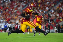 Aug 26, 2023; Los Angeles, California, USA; Southern California Trojans wide receiver Zachariah Branch (1) runs the ball in for a touchdown in USC's home opener against the San Jose State Spartans. Mandatory Credit: Gary A. Vasquez-USA TODAY Sports
