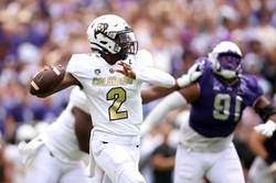 Sep 2, 2023; Fort Worth, Texas, USA; Colorado Buffaloes quarterback Shedeur Sanders (2) throws a pass in the second quarter against the TCU Horned Frogs at Amon G. Carter Stadium. Mandatory Credit: Tim Heitman-USA TODAY Sports