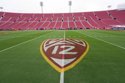 Sep 2, 2023; Los Angeles, California, USA; The Pac-12 Conference logo at United Airlines Field at Los Angeles Memorial Coliseum. Mandatory Credit: Kirby Lee-USA TODAY Sports