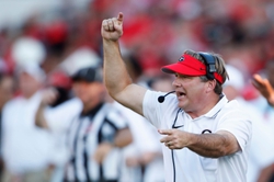 Georgia head coach Kirby Smart reacts during the first half of a NCAA college football game against Tennessee Martin in Athens, Ga., on Saturday, Sept. 2, 2023.