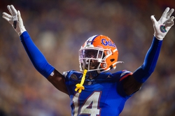 Florida safety Jordan Castell (14) celebrates after making a play during a football game between Tennessee and Florida at Ben Hill Griffin Stadium in Gainesville, Fla., on Saturday, Sept. 16, 2023.