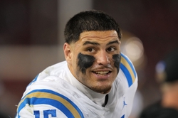 Oct 21, 2023; Stanford, California, USA; UCLA Bruins defensive lineman Laiatu Latu (15) during halftime against the Stanford Cardinal at Stanford Stadium. Mandatory Credit: Darren Yamashita-USA TODAY Sports