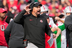 Nov 4, 2023; Piscataway, New Jersey, USA; Ohio State Buckeyes head coach Ryan Day yells from the sideline during the NCAA football game against the Rutgers Scarlet Knights at SHI Stadium. Ohio State won 35-16.