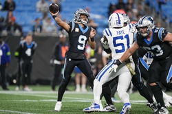 Nov 5, 2023; Charlotte, North Carolina, USA; Carolina Panthers quarterback Bryce Young (9) hopes to have time to pass the ball against a vulnerable Chicago Bears defense: Jim Dedmon-USA TODAY Sports