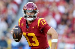 Nov 18, 2023; Los Angeles, California, USA; USC Trojans quarterback Caleb Williams (13). Opts out of Bowl game.Credit: Jason Parkhurst-USA TODAY Sports