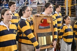 Nov 18, 2023; Stanford, California, USA; Members of the California Golden Bears  axe hold the Stanford Axe during the stare down with members of the Stanford Cardinal axe committee during the fourth quarter at Stanford Stadium. Mandatory Credit: Robert Edwards-USA TODAY Sports