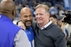 Nov 19, 2023; Detroit, Michigan, USA;  Comedian/actor Keegan-Michael Key talks with NFL Commissioner, Roger Goodell, (right) before the Detroit Lions game against the Chicago Bears at Ford Field. Mandatory Credit: Lon Horwedel-USA TODAY Sports