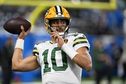 Nov 23, 2023; Detroit, Michigan, USA; Green Bay Packers quarterback Jordan Love (10) throws passes during pregame warmups before the Packers' Thanksgiving Day win over the Detroit Lions at Ford Field. Mandatory Credit: Lon Horwedel-USA TODAY Sports