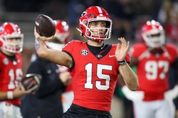 Nov 25, 2023; Atlanta, Georgia, USA; Georgia Bulldogs quarterback Carson Beck (15) prepares for a game against the Georgia Tech Yellow Jackets at Bobby Dodd Stadium at Hyundai Field. Mandatory Credit: Brett Davis-USA TODAY Sports