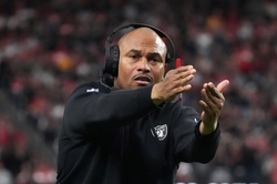 Nov 26, 2023; Paradise, Nevada, USA; Las Vegas Raiders interim coach Antonio Pierce during the first half against the Kansas City Chiefs at Allegiant Stadium. Mandatory Credit: Kirby Lee-USA TODAY Sports