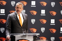 Vice president and director of athletics Scott Barnes introduces Trent Bray as the new head coach for Oregon State Beavers football on Wednesday, Nov. 29, 2023 at Oregon State University in Corvallis, Ore.