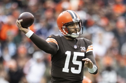 Dec 10, 2023; Cleveland, Ohio, USA; Cleveland Browns quarterback Joe Flacco (15) leads his team into Houston to take on the Texans. Mandatory Credit: Scott Galvin-USA TODAY Sports
