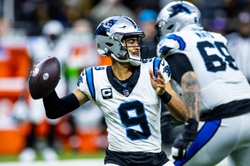 Dec 10, 2023; New Orleans, Louisiana, USA; Carolina Panthers quarterback Bryce Young (9) passes against the New Orleans Saints during the second half at the Caesars Superdome. Mandatory Credit: Stephen Lew-USA TODAY Sports