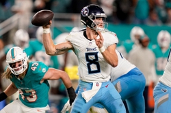 Tennessee Titans quarterback Will Levis (8) looks to pass against the Miami Dolphins during the third quarter at Hard Rock Stadium in Miami, Fla., Monday, Dec. 11, 2023.