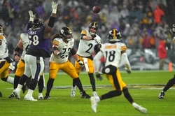 Jan 6, 2024; Baltimore, Maryland, USA; Pittsburgh Steelers  quarterback Mason Rudolph (2) completes a first quarter pass to wide receiver Deontae Johnson (18) against the Baltimore Ravens. The two would team up for a game-winning 71-yard strike in the fourth quarter of Pittsburgh's much-needed road win. Mandatory Credit: Mitch Stringer-USA TODAY Sports