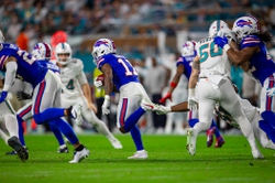 Buffalo Bills wide receiver Deonte Harty (11), runs a punt back for a touchdown against the Miami Dolphins to tie the score in the fourth quarter. The Bills went on to beat Miami and win the AFC East. Jan 07, 2024, in Miami Gardens.