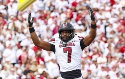 Oct 19, 2024; Norman, Oklahoma, USA;  South Carolina Gamecocks defensive back Nick Emmanwori (7) reacts after returning an interception for a touchdown during the first half against the Oklahoma Sooners at Gaylord Family-Oklahoma Memorial Stadium. Mandatory Credit: Kevin Jairaj-Imagn Images