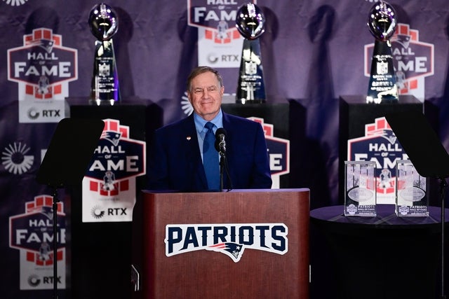 Bill Belichick speaking at a New England Patriots Hall of Fame ceremony