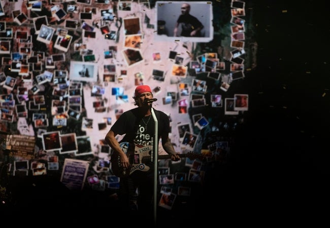 Tom DeLonge of Blink 182 performs at Bridgestone Arena in Nashville , Tenn., Sunday, July 16, 2023.