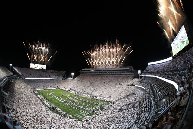 Sep 27, 2025; University Park, Pennsylvania, USA; Fireworks are seen over an announced crowd of 111,015 during a White-Out game between the Penn State Nittany Lions and the Oregon Ducks at Beaver Stadium. © Matthew O'Haren-Imagn Images