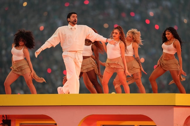 Feb 8, 2026; Santa Clara, CA, USA; Bad Bunny performs during the half time show at the game between New England Patriots and Seattle Seahawks in Super Bowl LX at Levi's Stadium. © Cary Edmondson-Imagn Images